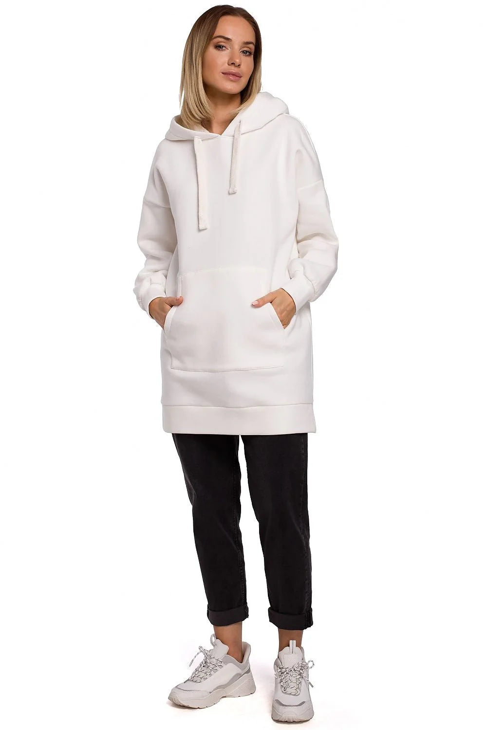 Sweat à capuche blanc coton polyester ample confortable avec poche kangourou pour style décontracté femmes