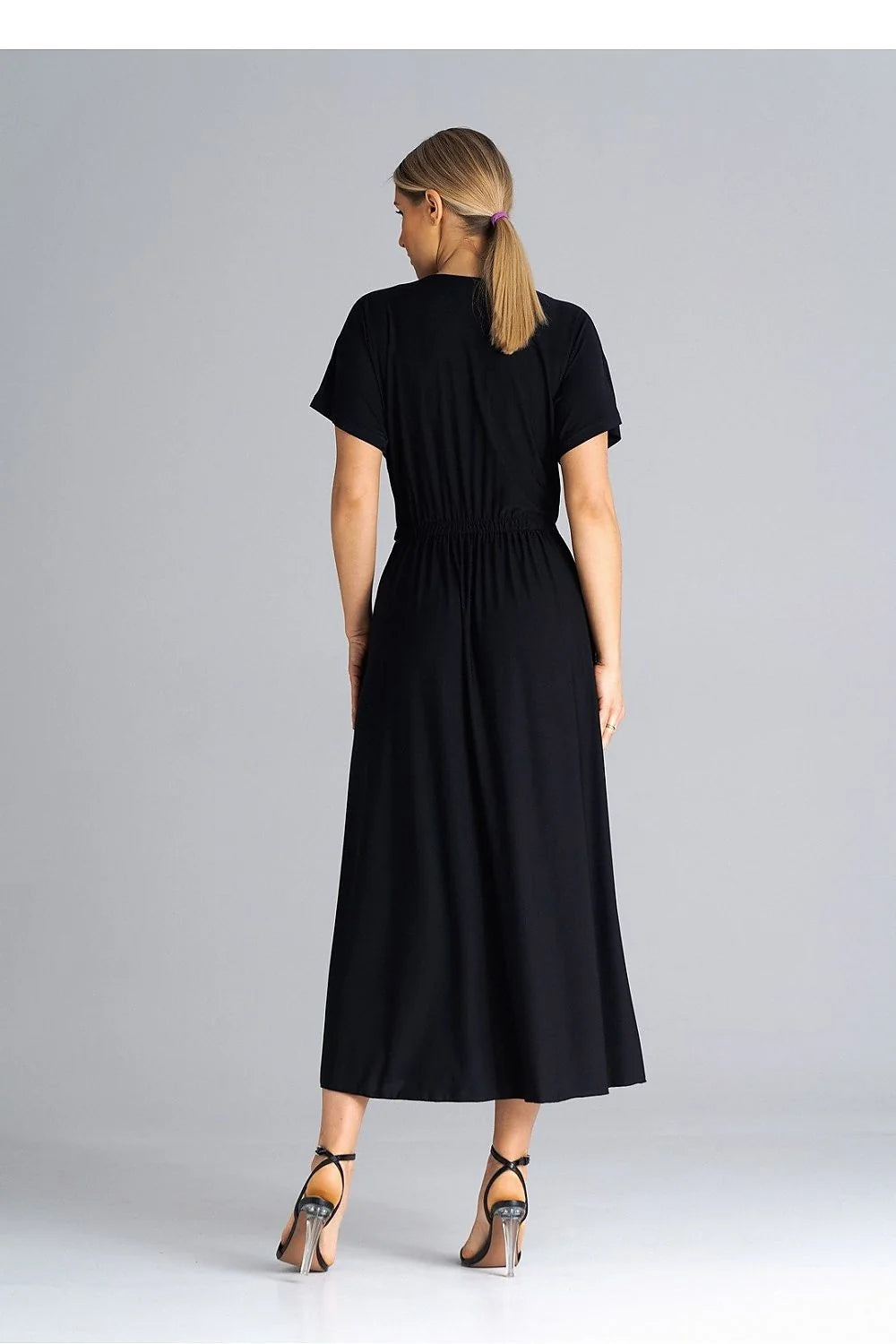 Robe de jour élégante longue manches courtes encolure V croisée taille ajustable noire femme polyester elastane