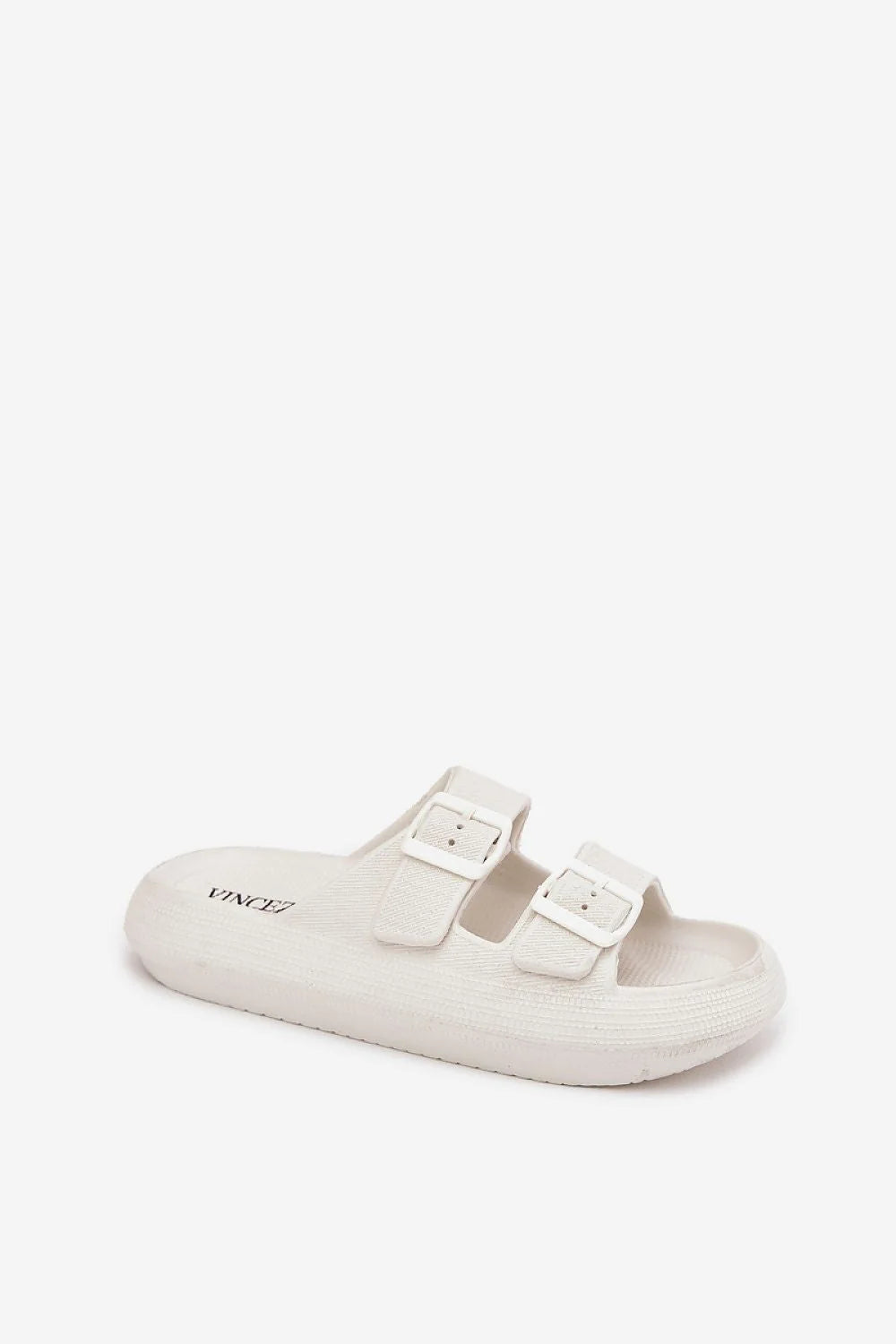 sandales femme moderne minimaliste confortables semelle épaisse plateforme rembourrée antidérapante réglables brides larges boucles rectangulaires blanc cassé texturé bout ouvert