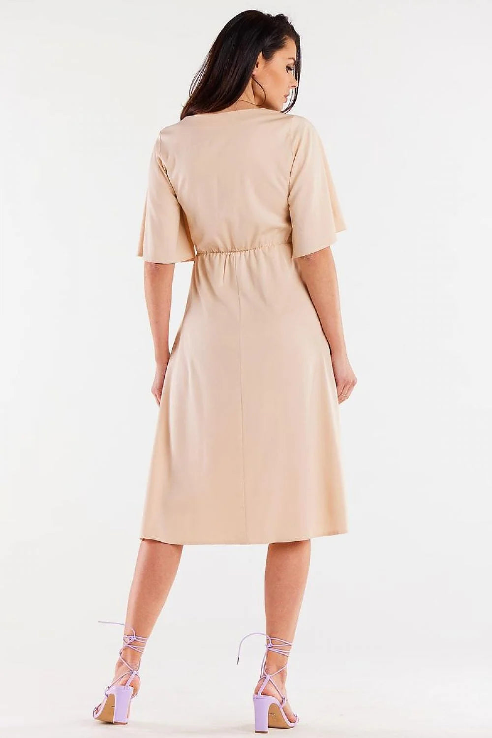 Robe de jour awama en viscose beige clair col en V manches larges taille élastique pour femme