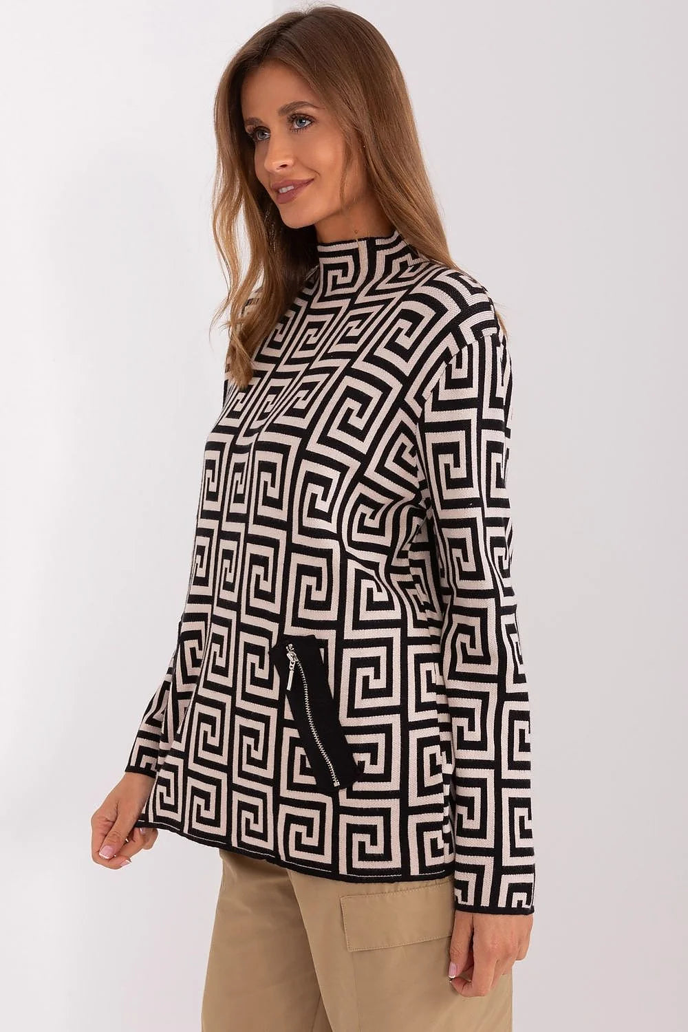 Pull pour femme moderne à motif géométrique labyrinthe manches longues coupe droite poches zippées style graphique