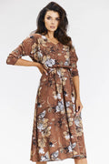 Robe boho-chic mid manches longues encolure V taille cintrée tissu floral marron femme occasion élégante