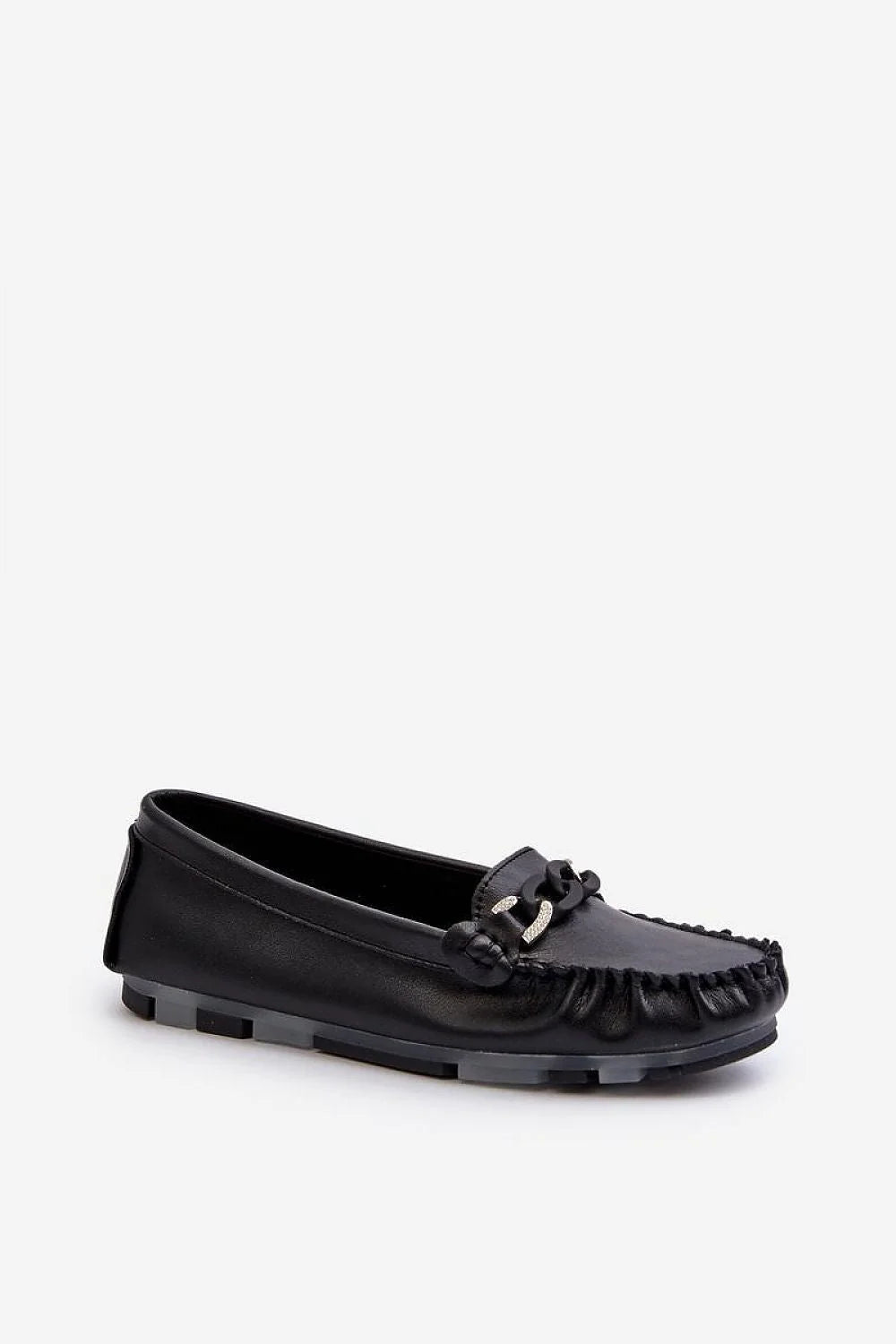 Mocassins pour femmes en cuir naturel style classique semelle caoutchouc chaîne décorative confort toute la journée