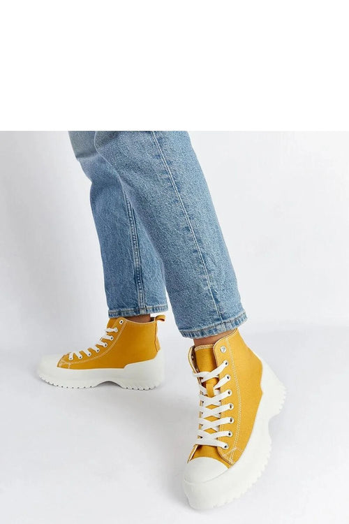 baskets montantes Solea femme jaune moutarde toile robuste semelle caoutchouc épaisse plateforme crantée blanche lacets métalliques rembourrée cheville