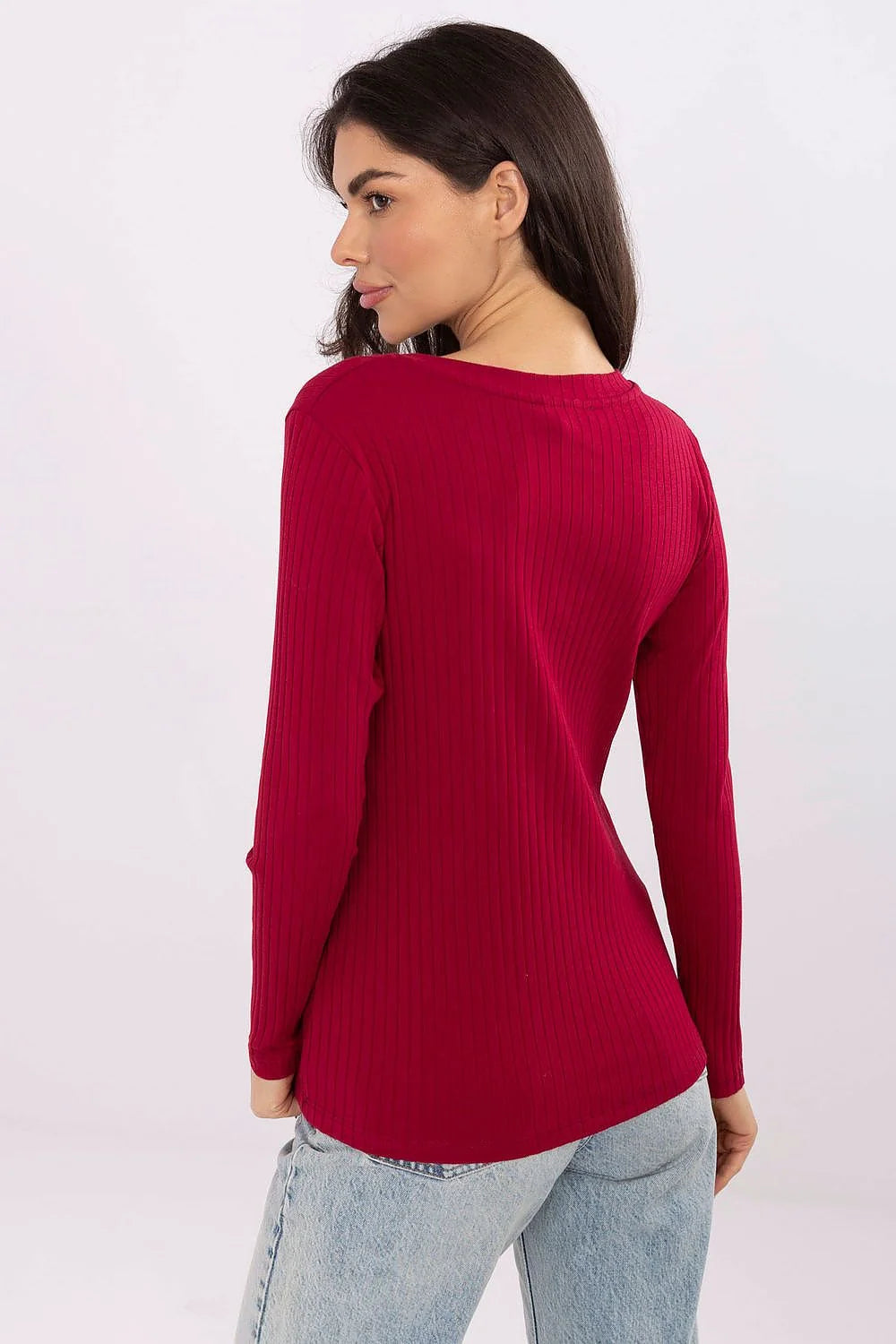 chemisier femme côtelé bordeaux manches longues décolleté V ajustée maille fine extensible coton élasthanne broderie cœurs
