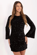 robe courte cocktail crayon pailletée noire sequins brillants velours moulante mini manches cloche longues encolure ronde doublée confortable silhouette élégante