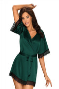 Robe de chambre élégante style kimono vert émeraude dentelle noire ceinture ajustable femme