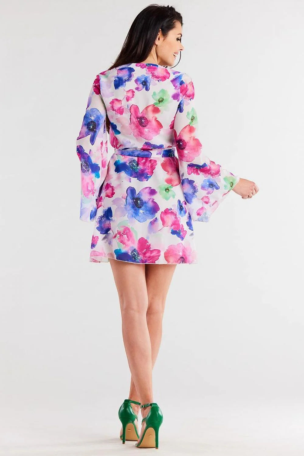 Robe féminine motif floral cache-cœur ceinture polyester manches longues décolleté V croisé ajustable taille femme
