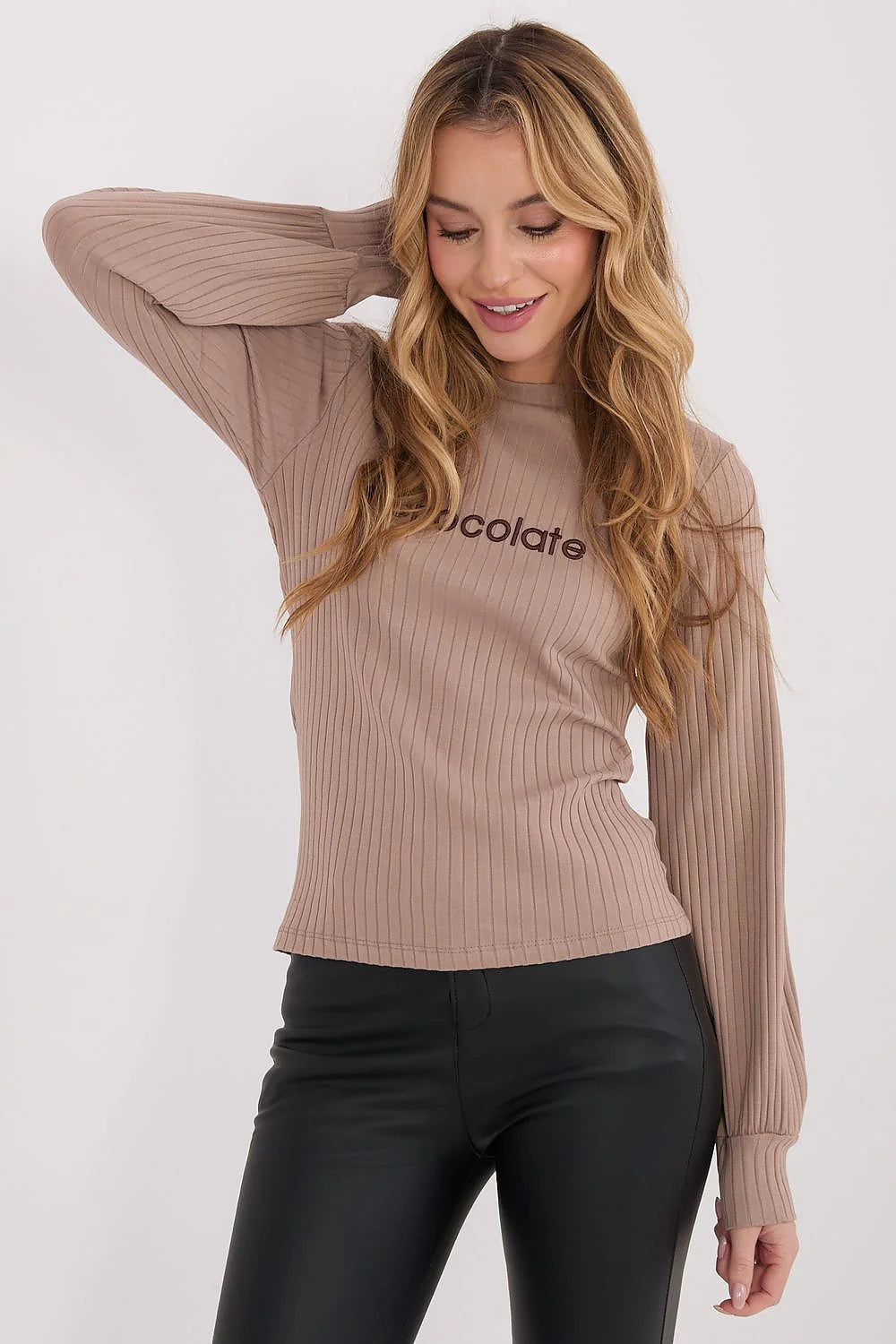 chemisier femme rayures larges broderie poitrine coton élasthanne doux extensible manches longues bouffantes poignets col rond longueur standard taupe chocolat
