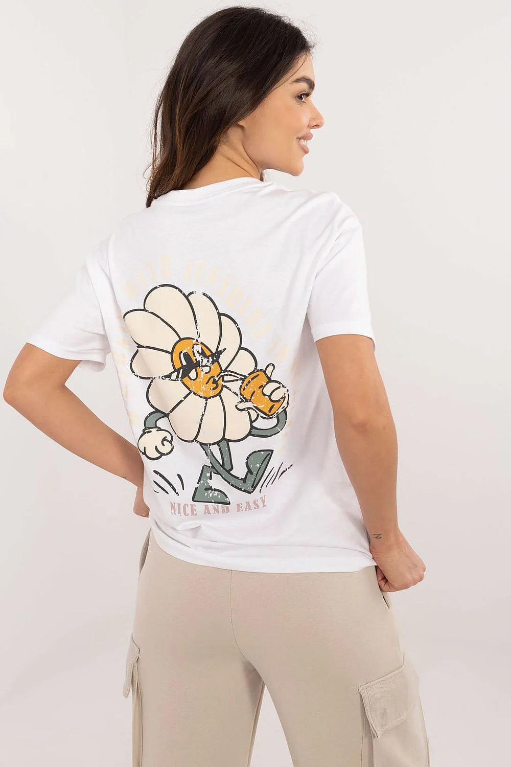 T-shirt femme Sublevel coupe classique manches courtes col rond design floral Good Morning blanc coton high-quality confort optimal mode minimaliste