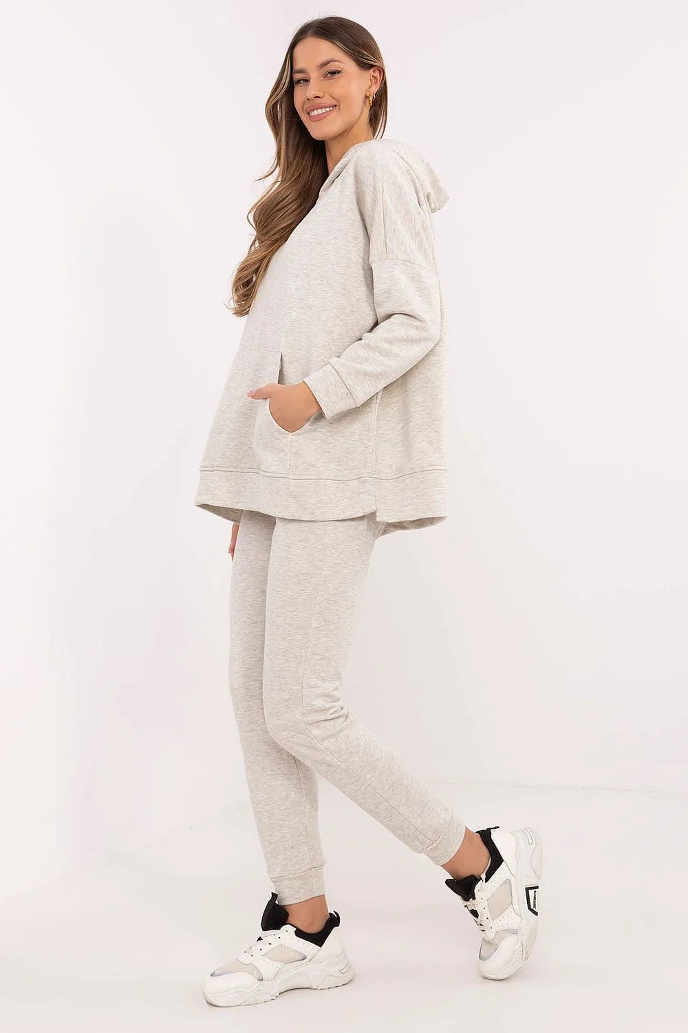 Ensemble femme confortable sportswear coton polyester hooded top slim pants light gray casual wear daily use modern style oversized fit elastic waistband kangaroo pocket