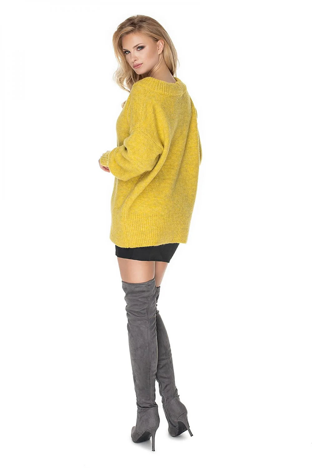 Pull-over ample femme laine acrylique polyester col rond jaune moutarde confort hiver chaud élégant