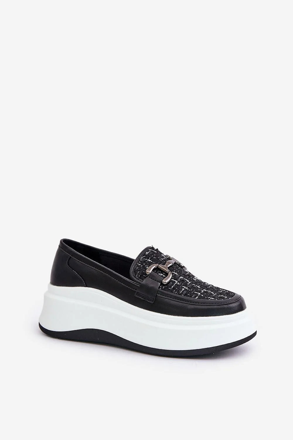 Moccasins plates-forme élégantes pour femme, style moderne, cuir synthétique et tweed, détails métalliques, confort maximal, tenues décontractées et formelles, noir et blanc