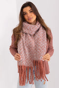 Écharpe tricotée pour femmes, design élégant, motif géométrique rose et blanc, grande taille, franges, matériau doux et chaud, hiver automne, style décontracté chic