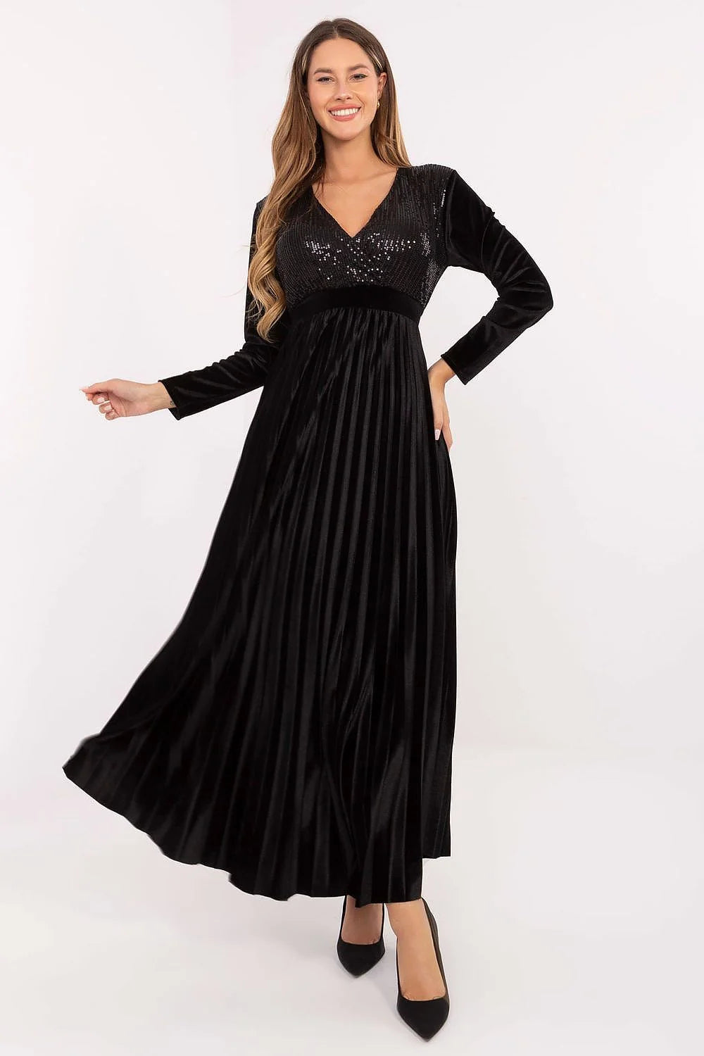 robe longue maxi velours noir paillettes cachecoeur manches longues taille empire jupe plissée fluide bonnets rembourrés soutien ajustable dos lacé