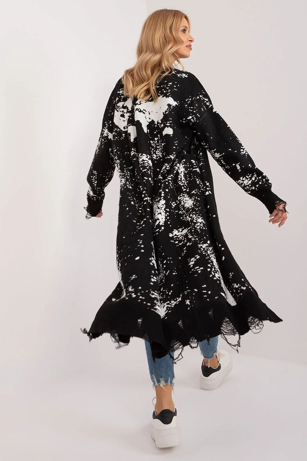 Cardigan pour femme long motif éclaboussures peinture noir blanc acrylique doux manches longues confort coupe ample mode artistique