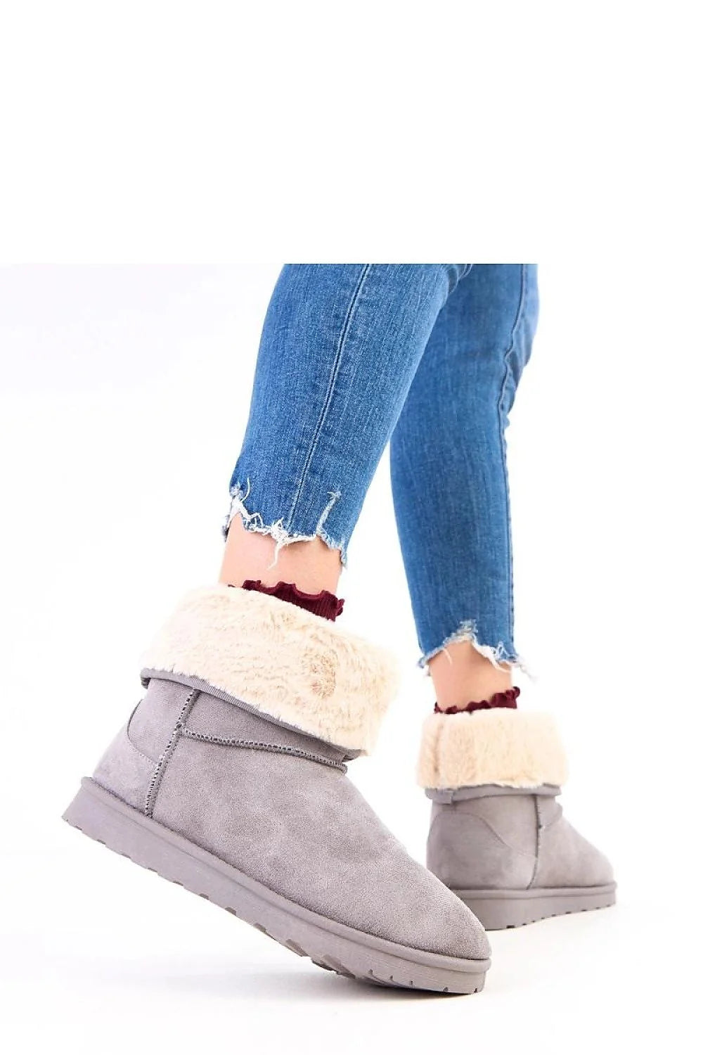 bottines neige femmes suède gris taupe cheville sans lacets fourrure crème sherpa doublure chaude semelle caoutchouc crantée antidérapante plateforme 25mm