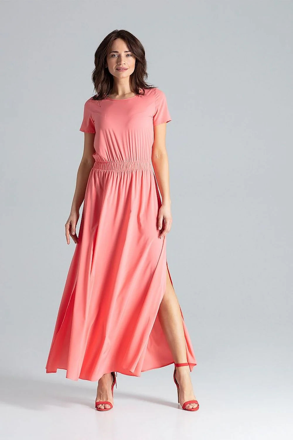 Robe longue pour femme manches courtes style épuré couleur rose saumon taille élastiquée sans fermeture ni poches mode été