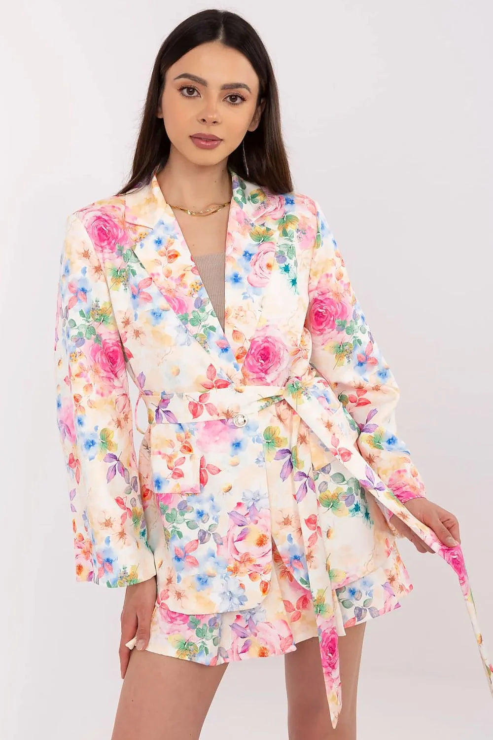 Ensemble féminin Italy Moda blazer short floral motif floral estival élégant coton polyester taille ajustable