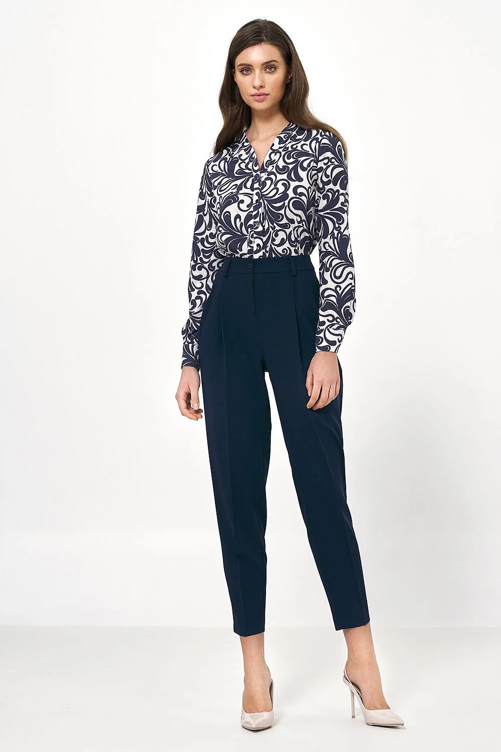Pantalon femme Nife en viscose polyester taille haute style élégant coupe ajustée bleu marine décontracté