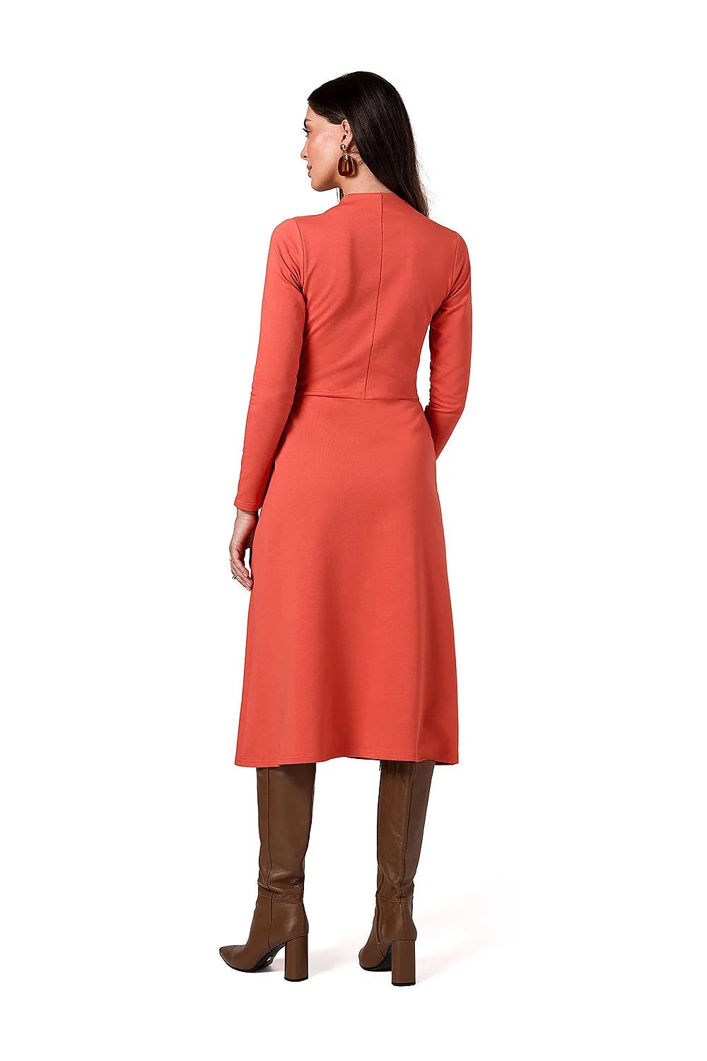 Robe de jour élégante Be Wear orange brûlé manches longues décolleté V plissé à la taille poches plaquées femme