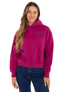 sweatshirt femme fuchsia vif molleton coupe courte manches longues poignets côtelés capuche ajustée impression tonale poitrine intérieur doux coton polyester