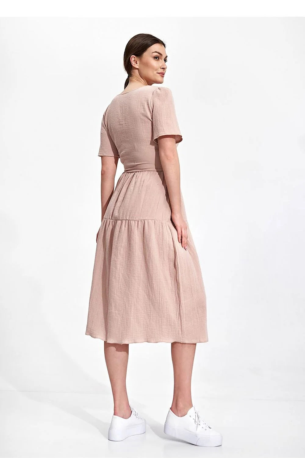 Robe de jour élégante été manches courtes encolure enveloppante coton 100 % taille ajustable femme