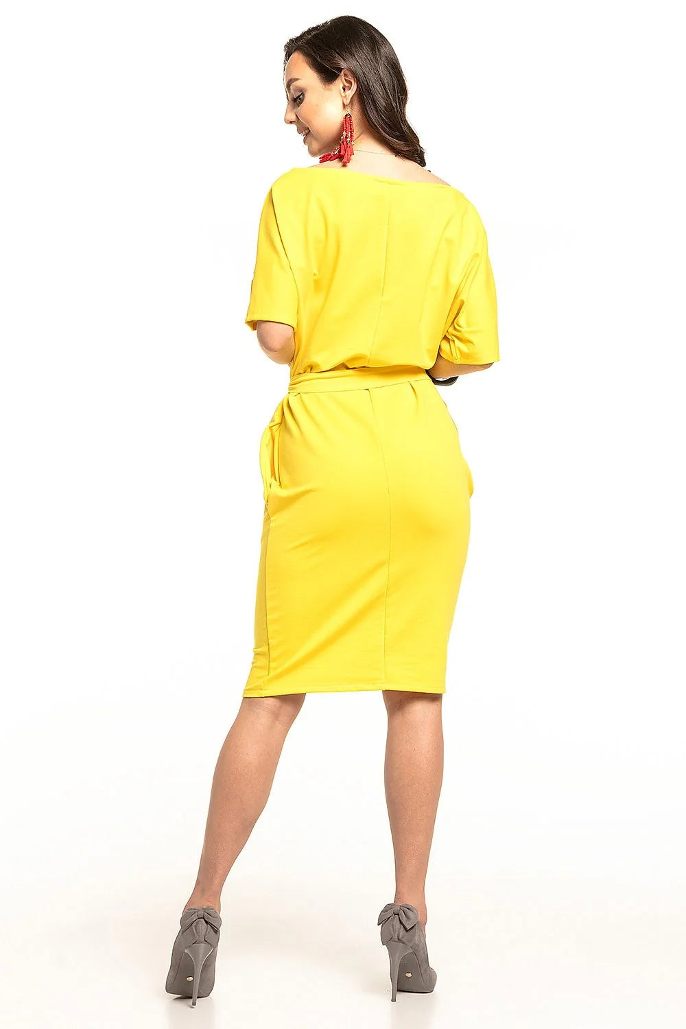 Robe Tessita midi ceinturée jaune vif coupe droite fourreau buste ample manches kimono jersey stretch fluide poches invisibles encolure bateau