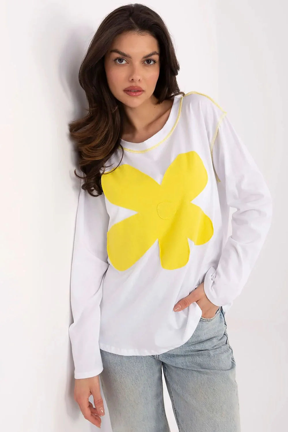 chemisier décontracté moderne femme coton élasthanne floral jaune grand manches longues col rond blanc ample fluide confortable respirant surpiqûres coutures