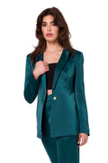 Costume Tailleur Femme Blazer Pantalon Vert Émeraude Satin Classique Élégance Professionnel Événements Haute Qualité Pologne