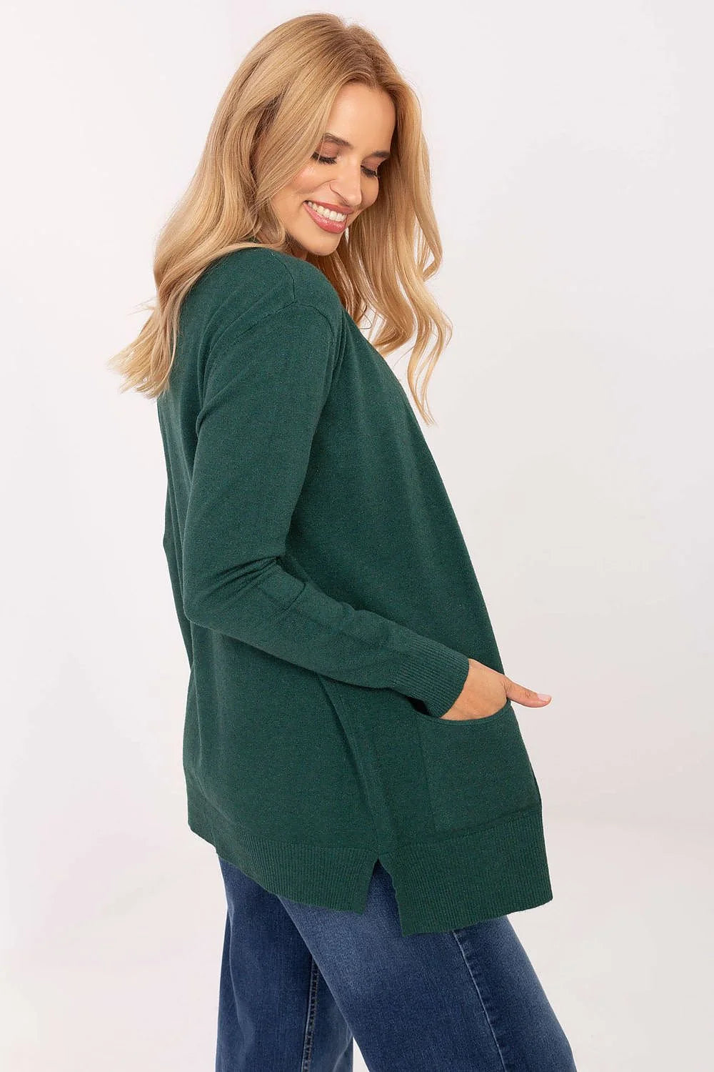 cardigan femme mi long ouvert maille fine vert sapin coupe droite décontractée manches longues poches plaquées viscose modal