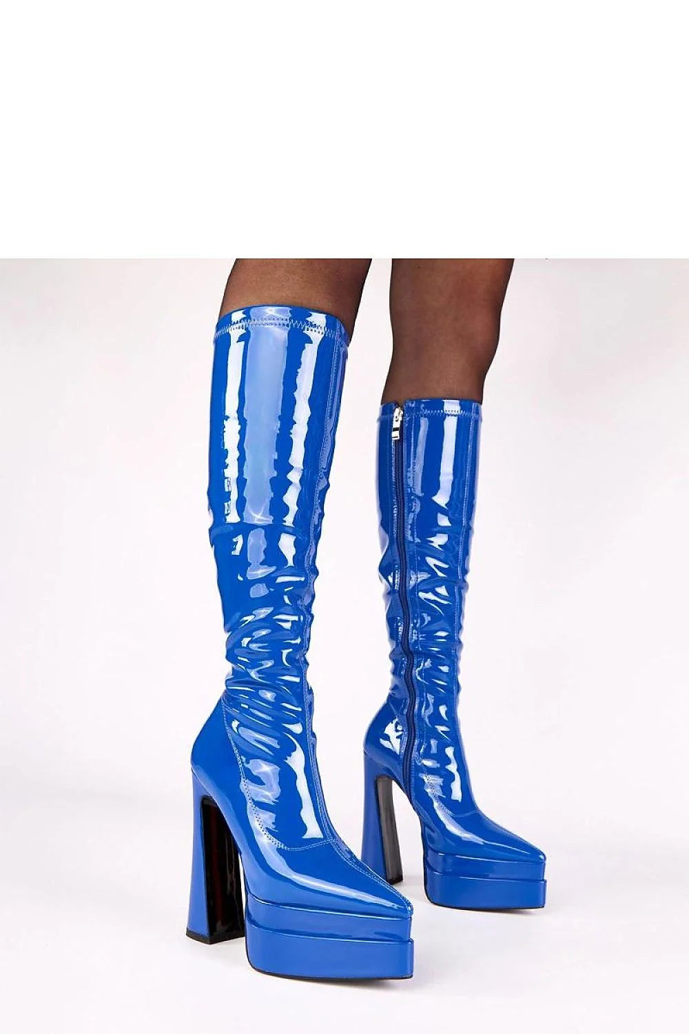 bottes hautes vernies bleu électrique cuir écologique tige 37cm bout pointu talon bloc 15cm plateforme 5cm semelle tissu fermeture éclair