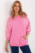 Sweatshirt féminin décontracté manches 3/4 broderie florale poche kangourou rose vif matière coton mixte coupe ample style urbain