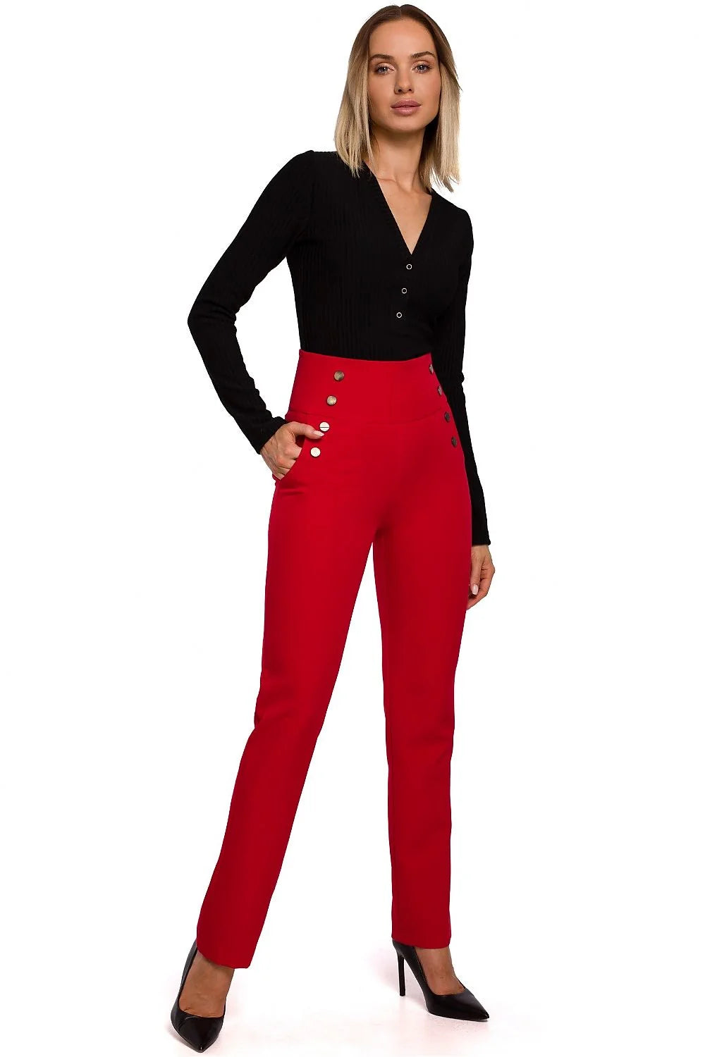 Tenue femme élégante chic en polyester élasthanne pantalons taille haute boutons dorés modernes