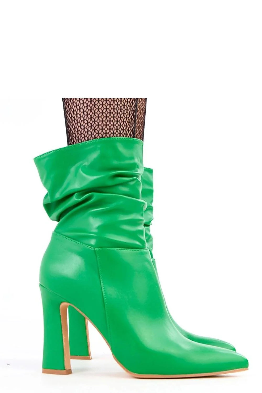 bottines talon haut sculpté bout pointu cheville tige froncée plissée vert émeraude cuir synthétique fermeture éclair dorée semelle beige confortable