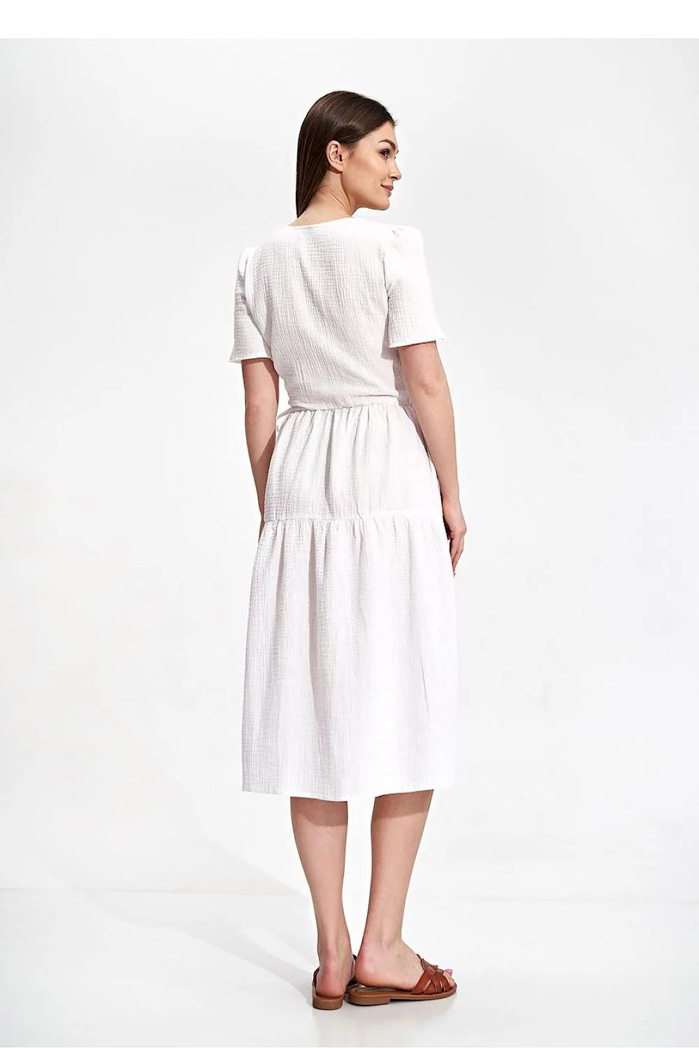 Robe de jour élégante été manches courtes encolure enveloppante coton 100 % taille ajustable femme