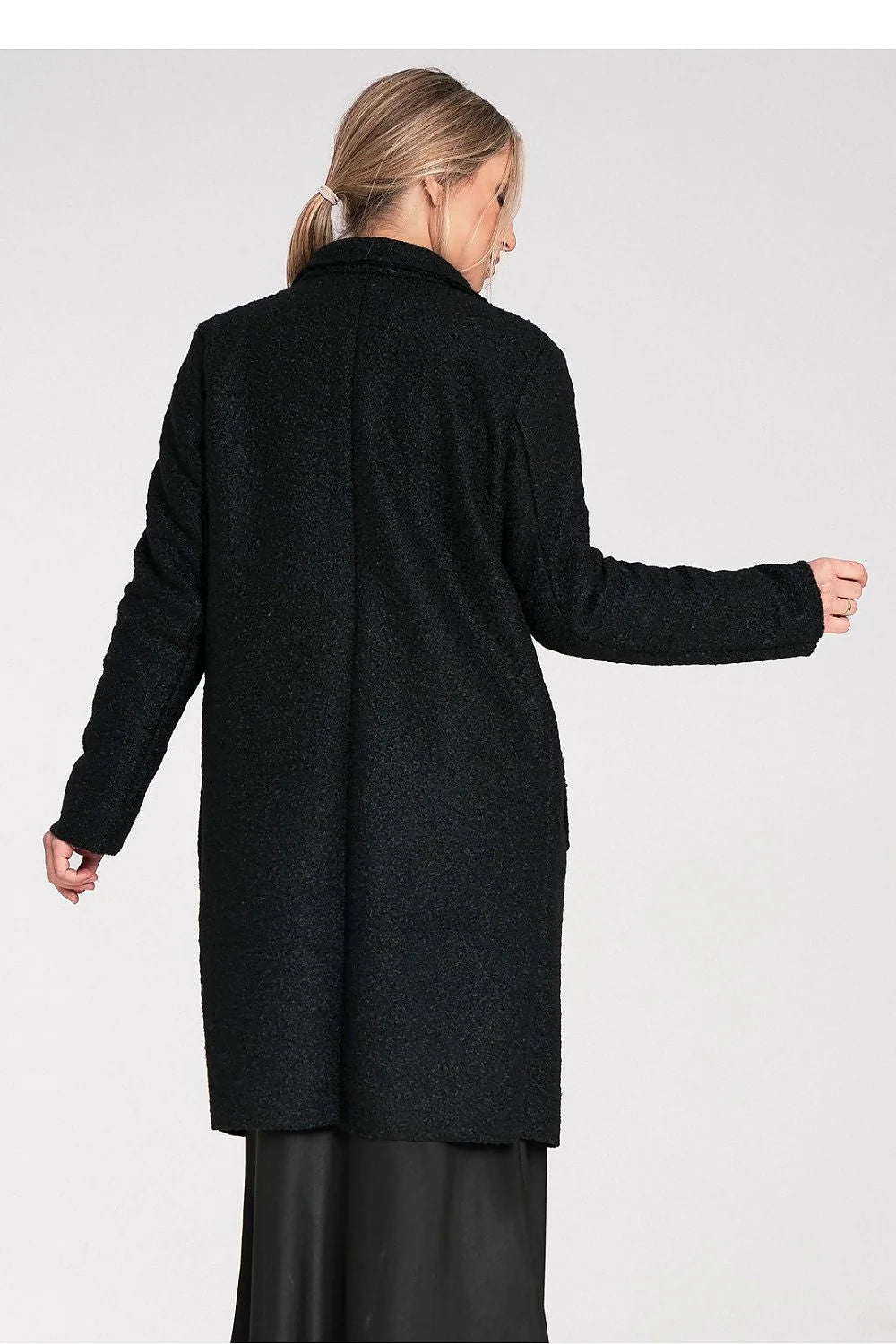 manteau femme long hiver coupe droite oversize texturé bouclé noir col revers fermeture boutonnée poches plaquées manches longues mi mollet