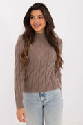 Pull pour femme col rond motifs torsades brun taupe matériau tricot épais manches longues ajusté