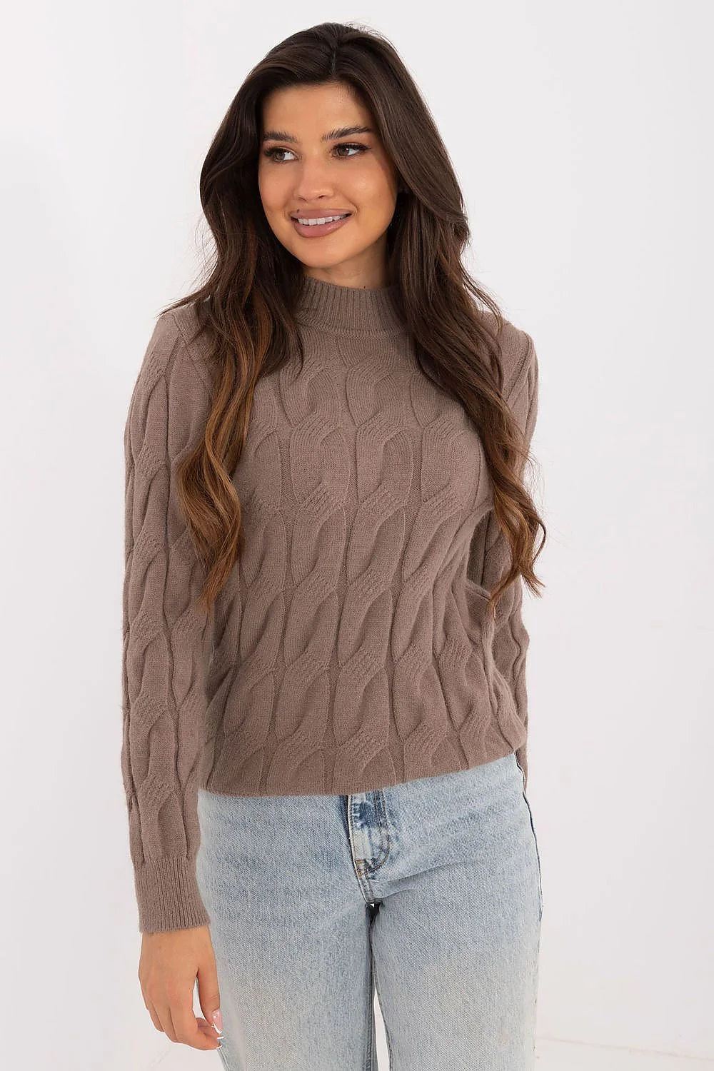 Pull pour femme col rond motifs torsades brun taupe matériau tricot épais manches longues ajusté