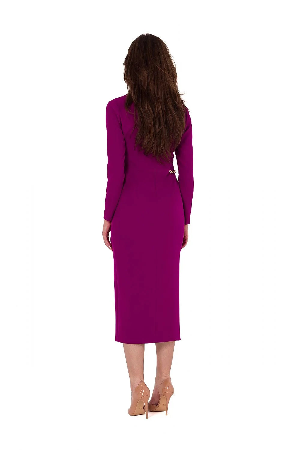 Robe de soirée Makover élégante longueur midi manches longues encolure asymétrique fente devant chaîne dorée femme