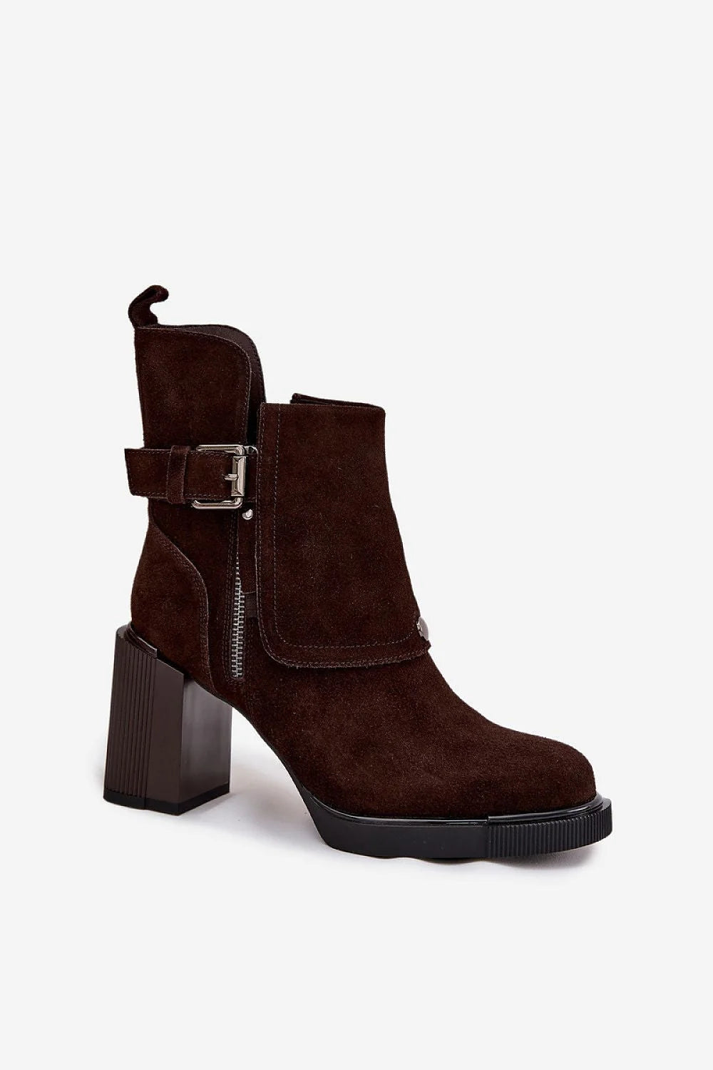 bottines femme daim marron foncé cheville talon bloc haute plateforme semelle crantée fermeture éclair sangle boucle métal doublure rembourrée antidérapante