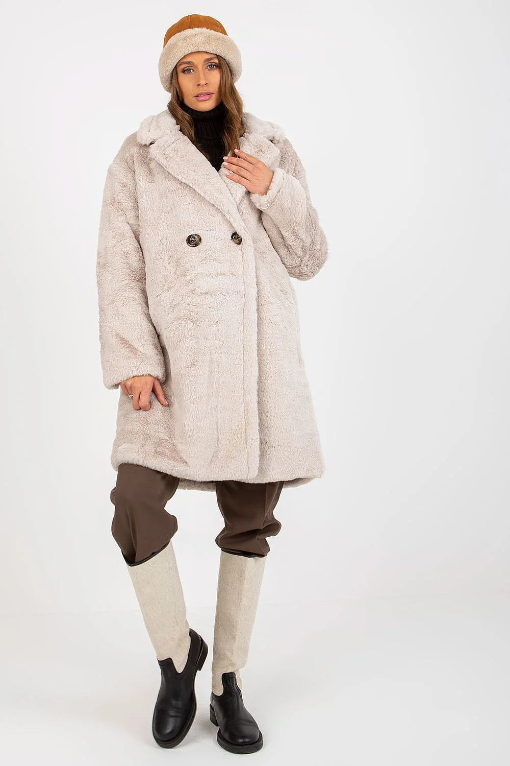 Manteau pour femme élégant long fourrure fausse noire manches longues col large double bouton poches latérales polyester intemporel