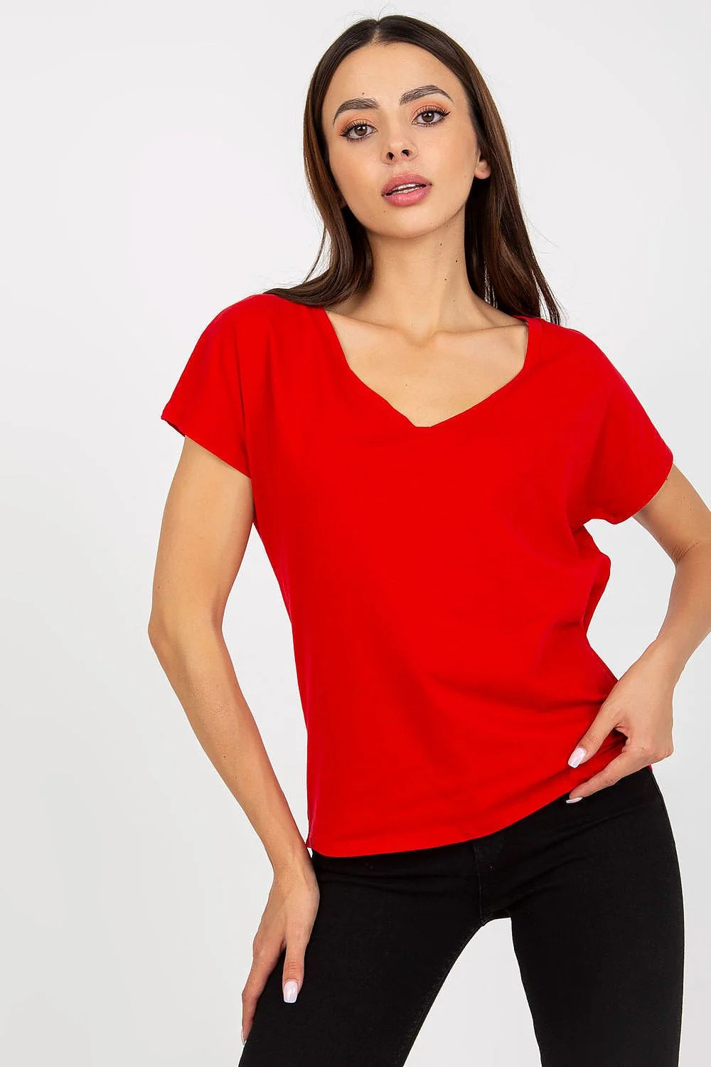 T-shirt femme décontracté couleur marron terre V-neck coton élasthanne loose quotidien