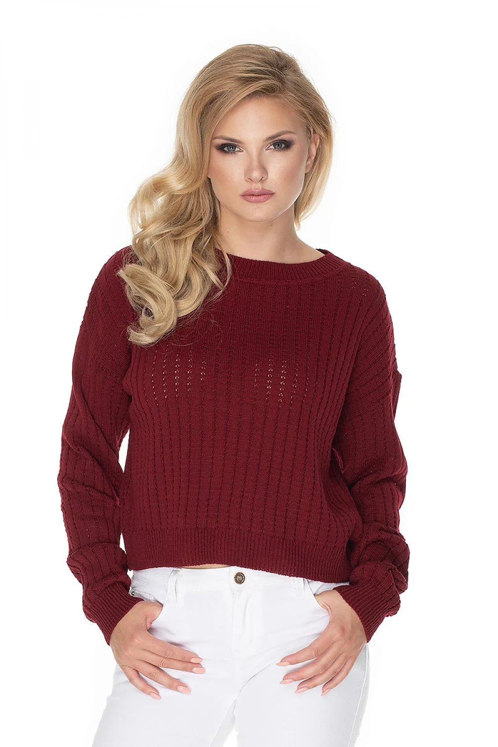 Pull femme en tricot acrylique bordeaux, style élégant, décontracté, automne, hiver, manches longues, col rond