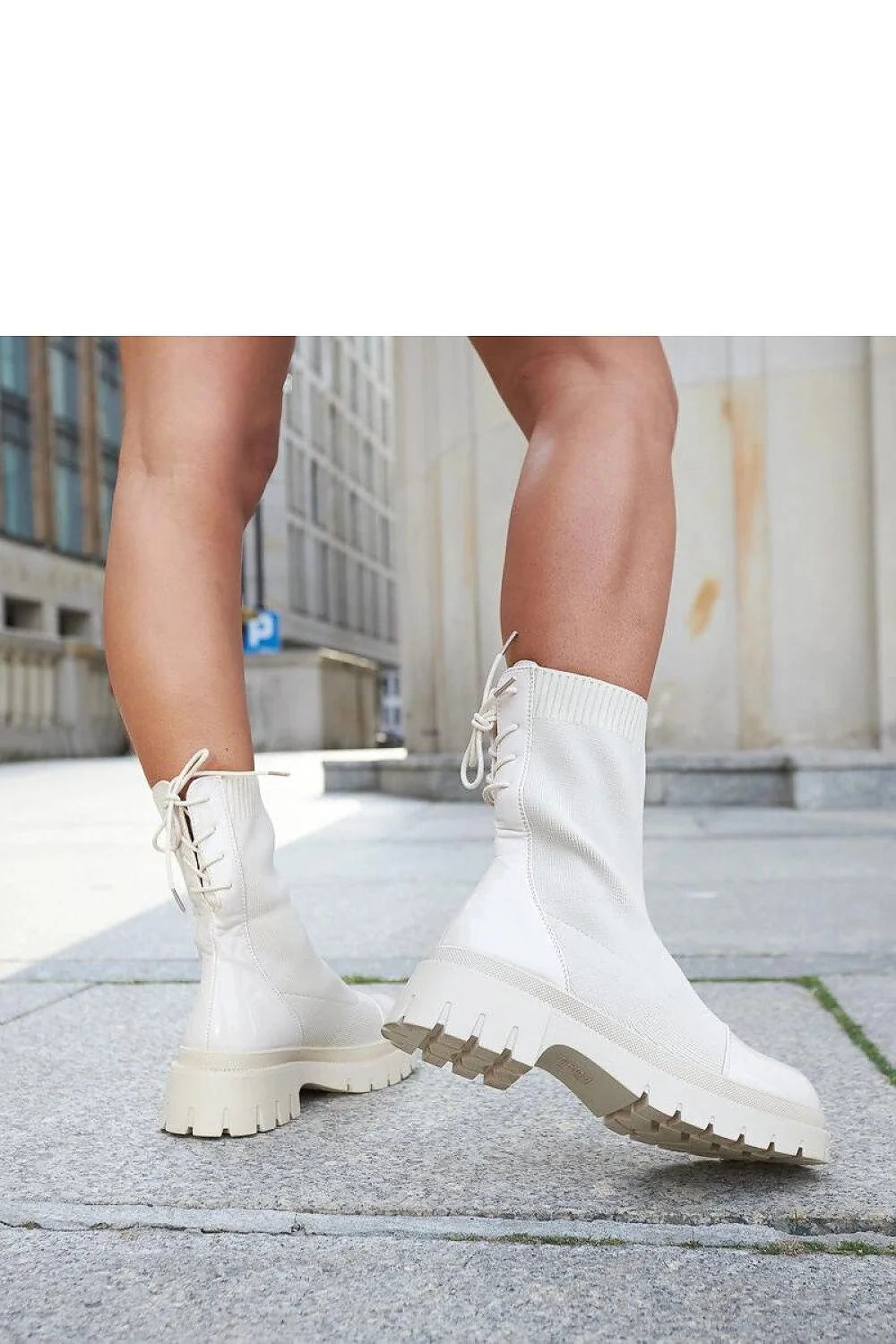 Bottines pour femmes modernes style combat haute cheville semelle épaisse couleur crème stretch confortable