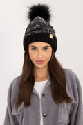 Bonnet d'hiver pour femmes en tricot chic pompon en fausse fourrure noir motif chiné coupe ajustée style classique moderne