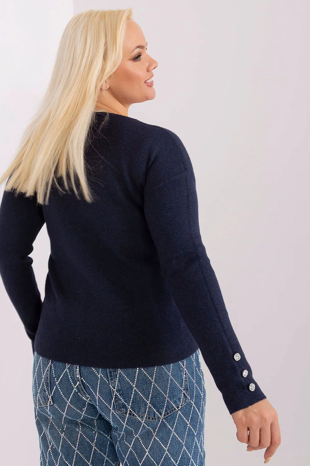 Pull-over féminin élégant couleur bleu marine manches longues boutons décoratifs argentés matière douce viscose taille ajustable femmes tailles plus