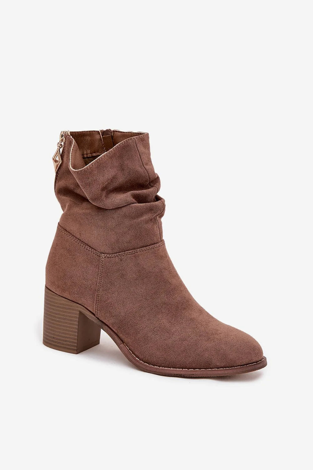 bottines femme suédine écologique taupe froncée talon colonne stable moyen confortable fermeture éclair latérale pendentif décoratif semelle antidérapante maintien