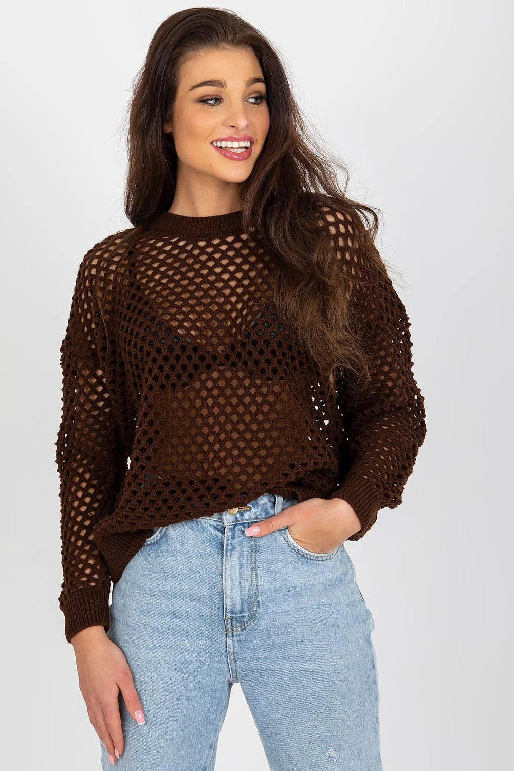 Haut pour femme en maille ouverte style décontracté moderne manches longues encolure ronde couleur marron foncé
