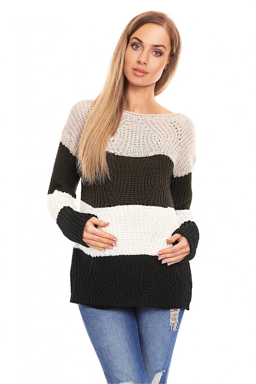 pull tricoté femme grossesse grosse maille rayures horizontales beige kaki blanc noir oversize coupe ample manches longues col rond chaud